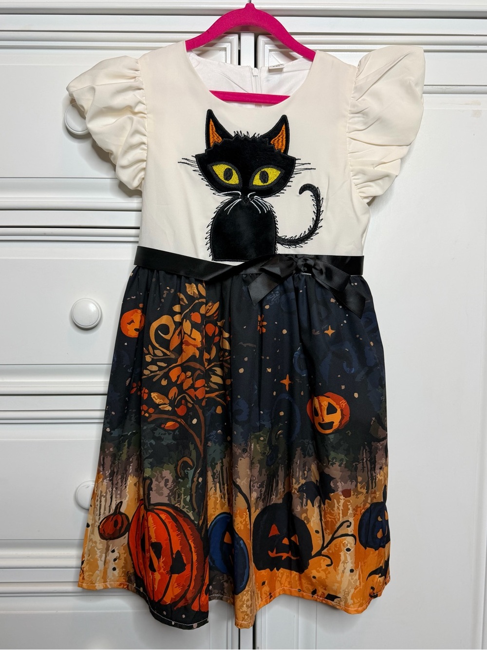 Mini Taylor Girls 8-9Y Halloween Black Cat Pumpkin Dress Ruffle Sleeve